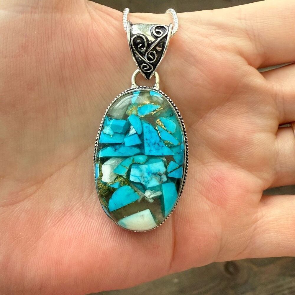 Blue Copper Turquoise Gemstone Handmade Silver Jewelry Oval Pendant Necklace